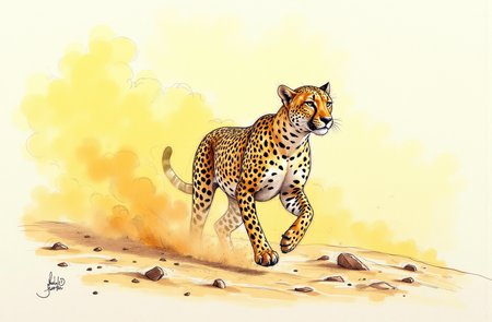 Sharp image of a rough sketch, rendered in vibrant multi colour ballpoint pen, capturing the adorable features of a portait of a cheetah running through a dust storm. The leopard is in the center of the image, with its body slightly turned to the side. Its head is turned slightly to the left, and its eyes are focused intently on something in the distance. The dust storm is a golden yellow color, and it is kicking up dust behind the leopard as it runs. The background is a desert landscape, with small rocks scattered across the ground. The overall mood of the photograph is dramatic and powerful.  p3nsk, <lora:p3nsk:1>