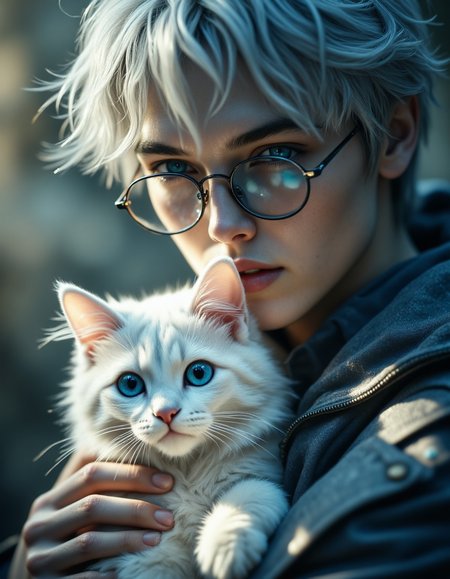 highly detailed cinematic close-up portrait of a young man with a white cat. Gojo Satoru, highlighted by soft lighting, and white hair, are contrasted with dark, rich blue round glasses reflecting light.  Cat has vibrant blue eyes, and a soft, fluffy white coat, both contrasting with the Gojo's features and the softly lit background. A warm, dreamlike atmosphere envelops the scene, with gentle shades and light blue tones throughout the image. Gojo tenderly cradles the cat against his chest with a gentle yet determined expression. The Gojo's hands and the cat's fur are detailed with a painterly touch, showing soft textures and gentle curves. Composition is central, emphasizing the closeness between the two subjects.  A dark jacket is visible on the Gojo, complementing the overall aesthetic of the piece, shallow depth of field, vignette, bokeh, moody, epic, gorgeous, film grain, grain, HKMagic, aidmaFluxProUltra, <lora:FantasyWizardWitchesFluxV2-000001:0.9>, <lora:aidmaFluxProUltra:0.3>, <lora:Dever_Flux_Enhancer:0.5>