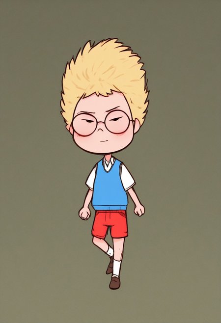 score_9, score_8_up, score_7_up, source_cartoon, solo,1boy, solo, human, male focus,  Lewisrobinson, blonde spiky hair, glasses, blue vest, red shorts, white shirt, confident pose, cartoon style, brown shoes, white socks. looking at viewer, standing, dynamic pose, motion blur, motion lines, legs apart, black space background, ng_deepnegative_v1_75t, By bad artist , bad_pictures, fcNeg, chibi,