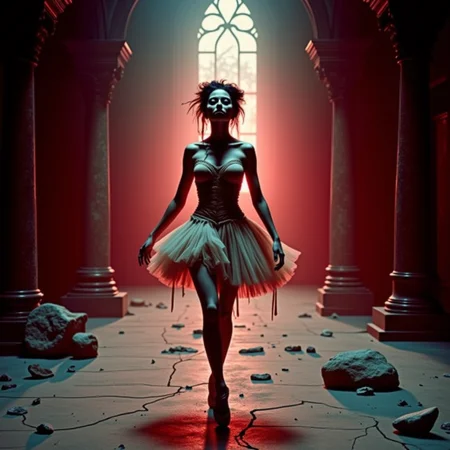 analog film photo 3/4 body shot of a hauntingly graceful zombie ballerina with glazed white eyes, posed en pointe amid cracked concrete and ash, in a decaying opera house. Her dusty skin and tattered ivory tutu catch the prism glow of red dusk streaming through shattered stained glass. Raven hair in a disheveled bun with loose strands. Shot on expired 35mm film with backlighting from floor level, capturing analog grain and dreamy flares.
 <lora:undead denizens v2.2:1> udenv2, undead_creature . faded film, desaturated, 35mm photo, grainy, vignette, vintage, Kodachrome, Lomography, stained, highly detailed, found footage, RAW candid cinema, 16mm, color graded portra 400 film, remarkable color, ultra realistic, textured skin, remarkable detailed pupils, realistic dull skin noise, visible skin detail, skin fuzz, dry skin, shot with cinematic camera