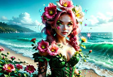 flowerdruid, realistic style, (sparkles explosion:1.25), Kanroji Mitsuri, (body is made of vibrant multicolored flowers:1.110), (she's on the enchanted water ocean:1.10), sea ocean, sea life, (absurd composition with cute flowers:1.10), (lots of detailed vibrant, multicolored flower:1.09), outdoors, a best quality, (high quality of full-colors:1.10), UHD, score_9, score_8_up, score_7_up, score_6_up, score_5_up, score_4_up, BREAK source_anime, anime screencap, (she comforts you while she see you:1.10), green eyes, (multicolored green and pink hair:1.10), twin_braids,  she has (detailed pink sexy clothes:1.10), (round breast:1.10), (small breast:1.07), (breast covered:1.10), (beautiful cleavage:1.05), (dynamic arm towards you pose:1.10), (the expression of happiness is well defined and well expressed:1.10), masterpiece, artwork, trendind on deviantart, sexy_attire anime_attire POV, (well-formed five thin fingers:1.10), relaxing image