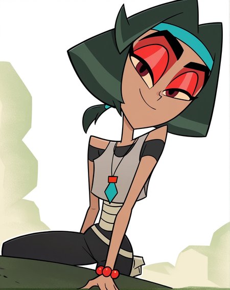 score_9, score_8_up, score_7_up, BW_zyn, 1girl, solo, brown skin, dark red eyes, dark green hair, twintails, medium hair, red eyeshadow, headband, bracelet, necklace, black body suit, bandages, grey tank top, pov, from below, (smile, dutch angle, naughty pose, looking at viewer, outside, western background, cowboy, solo, dynamic pose, full_body, head tilt,),((white background, White frame, white outline))