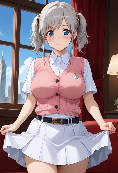 score_9, score_8_up, score_7_up, score_6_up, score_5_up, score_4_up, epic-Ultra-HD-details, epic-Ultra-HD-highlights, 2.5D-upscaled-resolution, source_anime, digital-quality, semi-realism, physically-realistic, lit, cutesie,
afrobullstyle, 
BREAK source_anime, anime, best quality, masterpiece, rating_safe, uncensored, High quality, 8k, Ultra, 
BREAK (4partment,indoors, window, scenery, cityscape),
BREAK 1girl,akari,grey hair,
ruanyi1018,black belt,collared shirt,pink vest,white skirt,
BREAK ((cowboy shot)),(standing),(from front),(((from front))),
busty breasts,(((large breasts:1.2))),(thick thighs:1.2),
looking at viewer,embarrass,blush,,erect nipples,
{{{Hold the hem of a skirt))),
(((Lift up your skirt)))