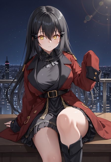 DandelionSKK, long hair, black hair, yellow eyes, griffin & kryuger military uniform, hair ornament, red coat, black belt, bangs, hair between eyes, sleeves past wrists, black dress, large breasts, long sleeves, hairclip, open coat,

looking at viewer, sitting, leg up, knee up, 

indoor, cityscape, neon lights, dark, night, night sky, 

1girl, solo, solo focus, highres, absurdres, light particles, backlighting, shade, lens flare, shiny skin, fine fabric emphasis,