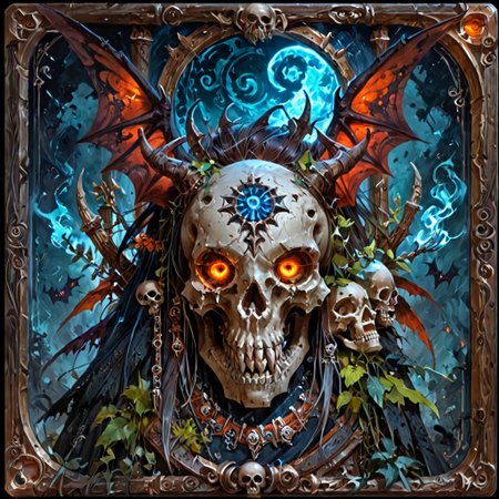 score_9, score_8_up, score_7_up, Card, Tarot, graphic border, Illustrative, Dark atmosphere, skull, bat wings, text, detailed, masterpiece