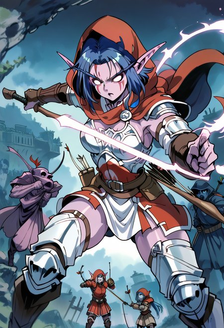 score_9,score_8_up,score_7_up,1girl,solo,night elf,fantasy,archer,bow,arrow,armor,purple skin,blue hair,red hood,undead army,battlefield,action pose,glowing eyes,magic,dynamic lighting,detailed,high contrast,dark atmosphere,weapon,enemies,mystical,powerful,undead,war,battle,tension,
<lora:SDXLæå¶è¯¦ç»Lora:1>,æ´ä½ç»èOverallDetailXL,<lora:Ponyç»èè°è_DetailV2.0-Lora:1>,<lora:pony-äºç»´é«äº®è¤è²é£æ ¼-Lora:0.5>,<lora:pony-ç²¾è´00æ¥å¨æ¼«FutoiAnime-Lora:0.5>,<lora:pony-å¢å å§¿å¿ç¾æcsr style,-LoRA_Pony :0.5>,<lora:PonyXL-æ¨¡æå¤å¤80-90å¨ç»é£æ ¼retro artstyle-Lora:0.5>,<lora:Pony-é»è¾¹ç²¾è´ç¾æ¥æ··åå¨æ¼«-Lora:0.5>,<lora:ä¼ ç»èµççpony:0.5>,<lora:æ¥ç³»æå¹³å¨æ¼«pony_loar-V3:0.5>,<lora:pony-å¯æè¡¨ç°åExpressiveh-Lora:0.5>,<lora:å¤å¤90å¹´ä»£æ¥æ¬å¨ç»pony_XL_v3:0.5>,