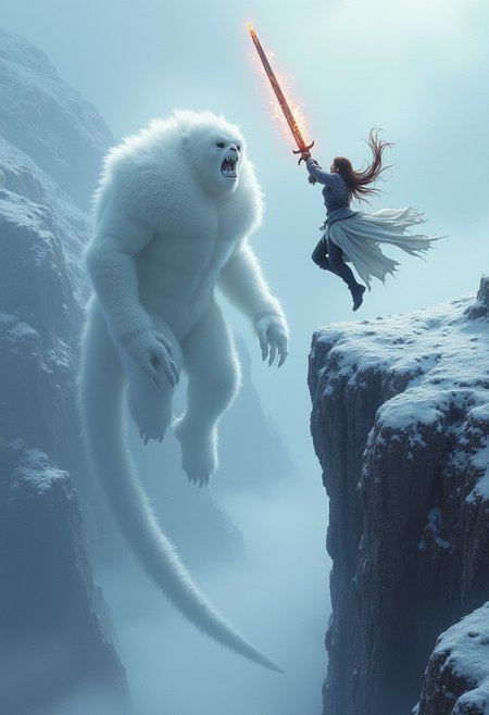A warrior girl in armor jumps from a cliff onto a monster, a monster at the foot of a cliff, an ice golem monster does not see the girl, the girl swings a huge sword at the monster, the sword is on fire, the girl is flying, the girl has a long braid, snow all around, mountainous terrain,top view, view from behind the girl, epic, 
hyperrealism, girl jumping from a very high cliff, 
the monster is under the girl, the cloak flutters upwards as it flies, 
monster in the gorge, cold emanates from the monster, The girl swings a sword holding it with both hands above her head, 
girl flies at monster, girl pecks at monster