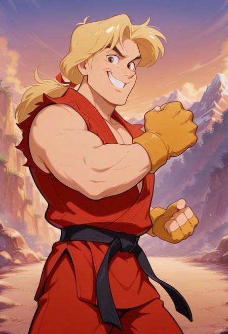 (cartoon, screencap:2), 
best quality, masterpiece, 
1boy, solo, male focus, cowboy shot, 
(ken masters:0.75), 
muscular male, blonde hair, curtained hair, long hair, brown eyes,  
red dougi, red karate gi, martial arts belt, yellow fingerless gloves, red hair ribbon, ponytail, 
fighting stance, outstretched arm, clenched hands, 
looking at viewer, smirk, grin, 
outdoors, mountains, wind