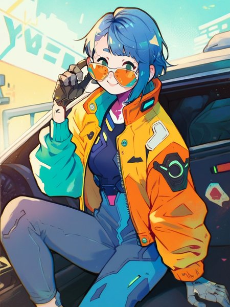 score_9, score_8_up, score_7_up, cute girl, sitting on car, cyberpunk clothes, blue hair, mechanical arms, sunglasses, pants, jacket, looking at viewer, cowboy shot, smile, cute, wide shot, solo, dutch angle, detailed background, 
 <lora:ANemupan_style:1>, Nemupan,