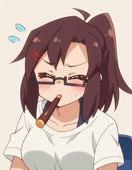 score_9, score_8_up, score_7_up, source_anime, <lora:yasuko-kouenji-s1-ponyxl-lora-nochekaiser:1>, yasuko kouenji, brown hair, hair ornament, brown eyes, ponytail, ahoge, glasses, hairclip, semi-rimless eyewear, under-rim eyewear, large breasts, anime screencap, <lora:incoming-pocky-kiss-ponyxl-lora-nochekaiser:1>, incoming pocky kiss, looking at viewer, blush, food, mouth hold, flying sweatdrops, pocky, closed eyes, foreshortening,, , cowboy shot, solo