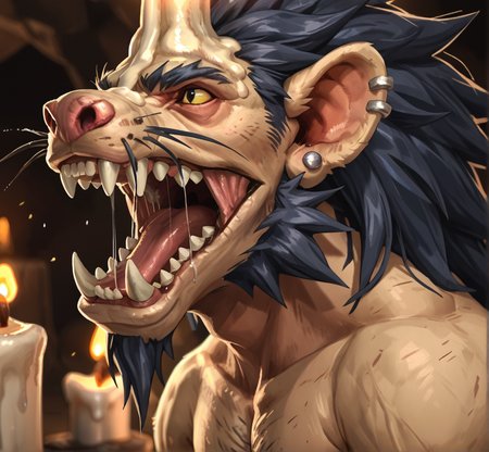 safe_pos, score_9_up,score_8_up,score_7_up,score_6_up,score_5_up,score_4_up, masterpiece, high quality, digital painting, source_furry, source_monster,  zPDXL3, BREAK,
cave, mine, blurry background, close up, portrait, open mouth, roar, tongue, saliva, drool, drooling, saliva, strand, three quarter view, side view,  
k0bold, monster, hairy, mane, sharp teeth, claws, muscular, broad shoulders, hairy chest, pectorals,  candle on head, candle wick, large candle, melting candle, piercings, large nostrils, round ears, whiskers,
<lora:Kobold for PonyXL:0.7>, <lora:AdvancedEnhancerXLv2:2>