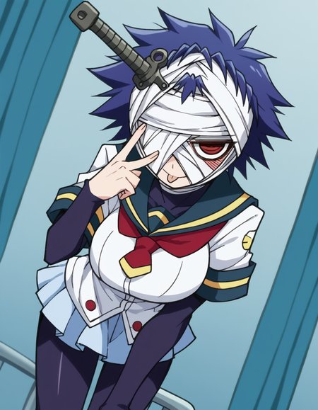 score_9, score_8_up, score_7_up, source_anime, <lora:youka-naze-s2-ponyxl-lora-nochekaiser:1>, youka naze, short hair, large breasts, red eyes, blue hair, bandages, bandage over one eye, skirt, school uniform, pantyhose, serafuku,, infirmary, bed, medical supplies, nurse, first aid, smile, <lora:akanbe-ponyxl-lora-nochekaiser:1>, akanbe, eyelid pull, finger to eye, tongue out, :p, tongue, ;p, blush, leaning forward, bent over, from side,, looking at viewer, solo,, dutch angle, cowboy shot