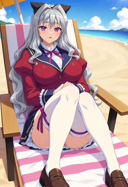 masterpiece, best quality, amazing quality, absurdres, 1girl, solo, shoukoww, purple eyes, long hair, grey hair, wavy hair, hair intakes, black hair bow, large breasts, school uniform, purple neck ribbon, red jacket, white dress shirt, puffy sleeves, juliet sleeves, dark blue pleated skirt, petticoat, zettai ryouiki, white thighhighs, purple thigh ribbon, loafers,  <lora:Aihara_Shouko_Gakuen_Saimin_Reido_ill:0.8>, lying, on chair, parted lips, looking at viewer, sweat, outdoors, day, beach, ocean, beach umbrella, beach towel, beach chair, skindentation, detailed clothing folds, depth of field, sharp, high contrast, dynamic light
