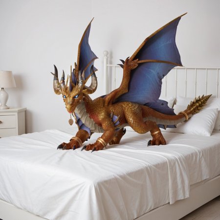 score_9, score_8_up, score_7_up, score_6_up, masterpiece, high quality, realistic, detailed, best quality, 1girl, solo, rating_safe, source_furry, white bed, bedroom, smiling, seductive, looking at viewer, on bed, full body, feral, soridormi_wc, dragon, bronze scales, wings, horns, tail, claws, female, 1girl, (blue sclera, glowing eyes) feral