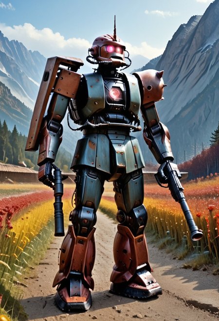 score_9, score_8_up, score_7_up, source_anime, cowboy shot, side view, BREAK, ( garma_zaku, pink monoeye, one eye, looking to the side, holding rifle in both hands, ) 1mech, mech focus, solo, BREAK, snow, ice, ice mountains, blue violet sky, Simon Stålenhag style, Realistic, Relaxed, Moonlit, Light sparkles, Pixabay, beautiful detailed supreme quality color intricate, dynamic dramatic beautiful full taking, contemporary fine detail, highly detail, dynamic background, positive emotional,