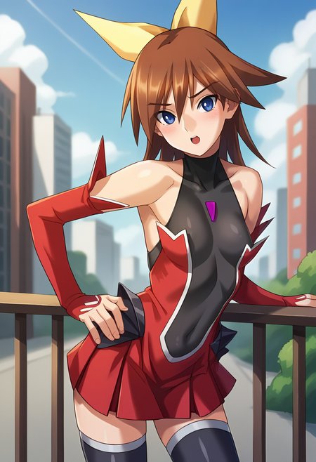 score_9, score_8_up, score_7_up, masterpiece, source_anime, 1girl, ct rin, medium hair, brown hair, blue eyes, hair ribbon, ribbon, leotard, covered navel, red miniskirt, red skirt, black thighhighs, detached sleeves, outdoors, city, depth of field, looking at viewer, leaning forward, cowboy shot, <lora:Rin_Kagano_Pony_ct-000011:0.9>