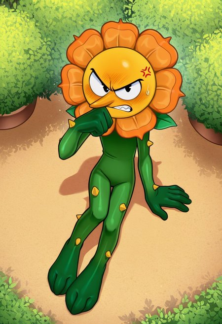 solo, male, plantform, plant boy, 1boy, CagneyCarnation, (orange petals:1.1), yellow face, pointy nose, pac-man eyes, detailed face, perfect eyes, black eyes, large head, round face, masterpiece, hires, absurdres, newest, perfect quality, best quality, ultra-detailed, detailed background, intricate details, 
frown, teeth, (embarrassed:1.2), blush, narrowed eyes, half-closed eyes, looking up at viewer, looking at viewer, angry eyebrows, blush, tsundere, cartoonish anthropomorphic flower, orange bloom, green body, plant-like design, leafy hands, leafy feet, feet resemble leafy vines, (yellow thorns, body thorns:1.2), green stem-like body, (slim, skinny:1.1), narrow hips, full body, sitting, on ground, slouching, arm at side, arm support, hand up, wiping mouth, no penis, cocked hip, sweatdrop, anger vein, 
BREAK 
outdoors, (garden:1.1), flower, bloom, dappled sunlight, high-angle view, from above, shadow, detailed shading, light particles, pollen,