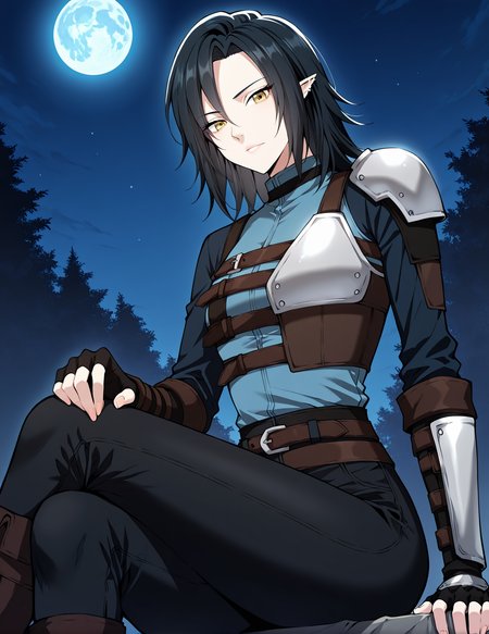 <lora:Helen_Shard__The_Beginning_After_the_End__Illustrious:1>
1 girl, solo, elf, pointy ears, black hair, medium hair, yellow eyes, blue shirt, pants, fingerless gloves, armor, shoulder armor, belt, ear piercing,
blue shirt, pants, fingerless gloves, armor, shoulder armor, belt, ear piercing
(Anime_source),Masterpiece,(perfect female body:1.2), small waist,(incredibly detailed:1.4), slim, beautiful fingers, parted lips, looking at viewer, sitting , crossed legs, night, blue moon