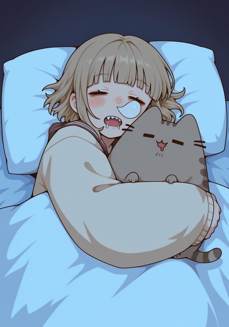 embedding:IllusP0s, wfus3, nose bubble, sleeping, drooling, 1girl, Himiko Toga, hugging pusheen, hugging cat, night, bed, sheets,<lora:PusheenIXL.safetensors:0.9:0.9> <lora:nose_bubble_ill.safetensors:1:1>