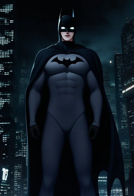 Batman in grey body suit, wearing black batman mask, black cape, standing in Gotham City, with glowing white sclera eyes, white sclera eyes, city, night, highly detailed, photography, 64k, Batman Vampire <lora:white sclera v2:1><lora:gotham city style v3:1>
