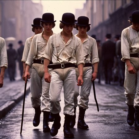 cinematic film still of  <lora:perfection style:0.5> <lora:detailed:0.5> perfection detailed
 <lora:Clockwork Orange film style:0.9>
In a futuristic dystopian Britain a group of gang men walking down a street,shirt,hat,holding,standing,closed eyes,white shirt,male focus,boots,multiple boys,black footwear,black headwear,parody,walking,4boys,realistic,white pants,5boys,cane,photo background , cinematic, film, kodak, Clockwork Orange film style, shallow depth of field, vignette, highly detailed, high budget, bokeh, cinemascope, moody, epic, gorgeous, film grain, grainy