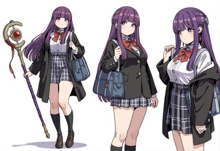 masterpiece,best quality,amazing quality,very aesthetic,absurdres,newest, huge filesize,
<lora:spo_sdxl_10ep_4k-data_lora_webui:0.5>,
<lora:add-detail-xl:1>
 multiple girls, 2girls, skirt, bag, pointy ears, staff, socks, earrings, school bag, holding, jewelry, school uniform, white background, long hair, red bow,
frieren, fern \(sousou no frieren\), black jacket, checkered skirt, 
<lora:Yamashita_shunya_STYLE:0.8>  
Yamashita_shunya_STYLE,