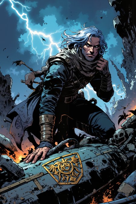 In a world where the sky is forever shrouded in storm clouds, an investigator with silver-threaded hair and deep, ink-black eyes stands at the edge of a bottomless chasm, studying the remains of a shattered airship. The wreckage is twisted and burned, its metal hull scorched with claw marks too large for any known creature. Lightning flashes, illuminating the abyss below, where something vast and slithering moves beneath the surface of the mist. The investigator adjusts the sigil-laced scarf wrapped around their throat, its runes flickering as if whispering warnings only they can hear. They crouch, tracing the charred edges of the shipâs insigniaâa crest that was erased from history a century ago. The wind howls through the wreckage, carrying the scent of ozone and something far older, something that doesn't belong in this world. Nearby, a single black feather, larger than a manâs arm, is half-buried in the mud, still pulsing faintly with a heartbeat not its own. The detective has chased myths before, but tonight, the myth might be hunting back. , detailed background  Fantastic lighting. Detailed shadows.intricate details, vivid colors, hyper-detailed, ultra-sharp, , <lora:Ev_Ganin:0.4><lora:Vintage comic book:0.4><lora:RetroAnimeFluxV1:0.15><lora:Greg_Capullo_style:0.4><lora:jeanClaude_Mzires_Style_FLUX-000001:0.4><lora:Flux_Ink_Anime:0.4>
