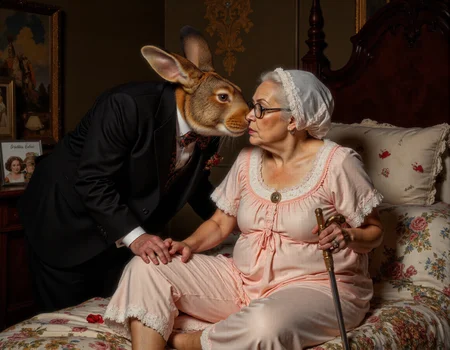 full body shot of Rembrandt style <lora:antr:1>, A comical and whimsical scene of an anthropomorphic rabbit and a quirky little old lady, both the same size, sharing a humorous yet affectionate moment on a cozy bedroom bed. The rabbit, dressed in a dapper suit with a bowtie slightly askew, leans in for an exaggerated dramatic kiss with the elderly woman, who is wearing a frilly nightgown, fluffy slippers, and a hairnet. Her oversized glasses are crooked, and she holds a cane topped with a heart-shaped charm, adding to the playful vibe. The bed is adorned with mismatched floral sheets and scattered rose petals, while funny details like a bottle of 'Grandmaâs Elixir' on the nightstand and a photo of them together in silly hats add to the humor. Soft lighting and charming decor create a warm, lighthearted atmosphere, while subtle comedic touchesâlike a mischievous cat peeking out from under the bed or a pair of dentures resting nearbyâenhance the absurdity . Baroque, chiaroscuro, realistic, emotional, "flat lighting. Whole outfit, clear, sharp, balanced