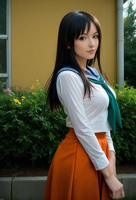 score_9, score_8_up, score_7_up, score_6_up, 
photo, 2000s nostalgia, cinematic, AdrianoStyle, pawg, pawg1, flowers background, god rays, (1girl, wakoto,black hair,long hair,brown eyes, lips, school uniform, serafuku, white shirt, long sleeves, blue sailor collar, blue long skirt, green neckerchief, large breasts),
upper body, face focus, dynamic angle,cinematic angle,dutch angle,looking at viewer,standing split, leg up,rooftop,fence,sunset,, masterpiece,best quality, very aesthetic, absurdres, ultra detailed, high resolution, 4k, extremely detailed CG,Expressiveh