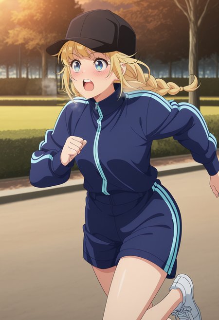 highres, best quality, masterpiece, 
anime screencap,
1girl, solo, blush, prpkeiko, blonde hair, twin braids, blue eyes,
<lora:_eiko_tsukimi-elesico-ilxlA:1>  outdoors, park, blue jacket, baseball hat, black headwear, track jacket, blue shorts, white sneakers, running, upper teeth, breathing, dawn, cowboy shot,