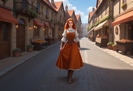 redhead girl standing on street, masterpiece, medieval street