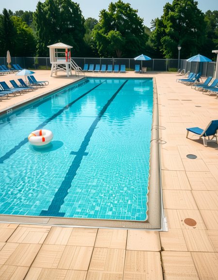 A large public swimming pool on a sunny day, completely empty of people. The clear blue water is still, reflecting the bright sky. Sunlight creates shimmering patterns on the tiled pool floor. The pool deck is lined with neatly arranged lounge chairs and colorful umbrellas. A lifeguard chair stands vacant at the poolside. Surrounding the area, lush green trees and well-maintained landscaping add a sense of tranquility. The atmosphere is calm and serene, with no movement except for the gentle ripples in the water.
<lora:SDXLFaeTastic2400:0.4> <lora:extremely_detailed:0.4> extremely detailed, <lora:public_swimming_p00l:1>,public swimming p00l, Masterpiece,best quality,hi res,8k,hi res,8k,award winning,(sharp focus, intricate, highly detailed),