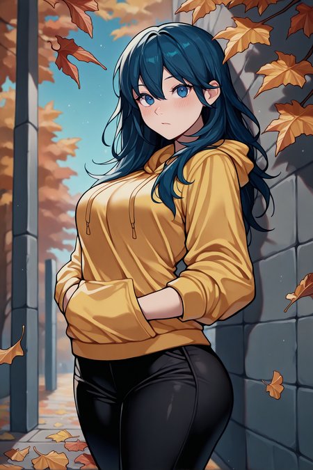 masterpiece, best quality, 1girl, solo, <lora:febyleth-illu-nvwls-v1-000006:1> dfblth, dark blue hair, blue eyes, long hair, hair between eyes, yellow hoodie, black pants, hands in pockets, looking at viewer, blush, blue sky, autumn, leaves