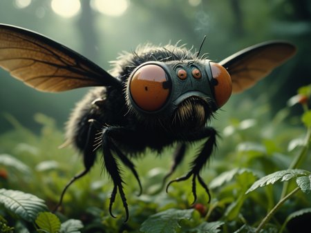 this Technicolor filmstill was shot with a 35mm Arriflex camera and an Angenieux 25-250mm f/3.2 lens. it shows a dangerous comic style horror fly with fat black hairy body, stubby tail, big wings and human comic face. big round cartoon nose, pointy ears. flying around at night in a spooky overgrown  garden, mist and smoke in the air