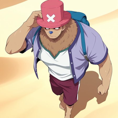 Solo, Heavychopper, male, brown fur, fluffy neck, furry male, light red top hat, white X on hat, maroon shorts, blue nose, black eyes, muscular, blue backpack, barefoot, white shirt with a green-lined collar, purple buttoned coat, barefoot

BREAK wiping head, from above, walking, sweating, desert, sunny day

BREAK best quality, amazing quality, very aesthetic, absurdres, newest, masterpiece, high quality