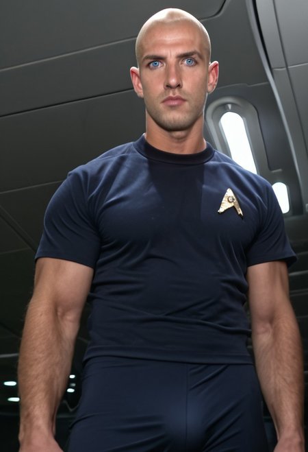 1boy, 20 year old male, Handsome, masculine, blonde, star trek, red shirt, muscle,  tall, tight shirt, wide pectorals, big shoulders, wide shoulders, muscular neck, German, standing at attention, bald, big pale blue eyes, abs, biceps, serious facial expression, phaser, hand, long bulge in his pants, ((((view from below)))),
1960 black dress pants, pants,
stunf, star trek uniform, uss enterprise ncc-1701 interior background, star trek, space ship interior, 1960s TV,