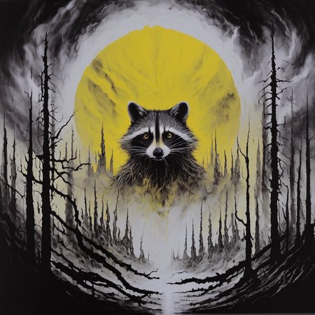 blackmetal style, xerox fog storm clouds, dead trees, circular portal to central religious raccoon, splash of yellow paint,
<lora:black_metal_art:1.0>