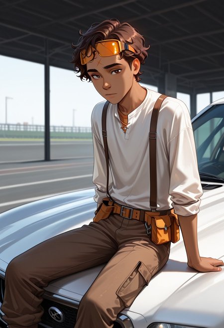 cinematic, detailed illustration, depth of field, masterpiece, best quality, amazing quality, very aesthetic, absurd, new, 1boy, male focus, cute boy, solo, Leo_Valdez, Dark skin, Brown hair, curly hair, Brown eyes, White shirt, rolled up sleeves, suspenders, tool belt, brown trousers, wearing a cap backwards, safety glasses, safety glasses on his forehead, sitting on the hood of a car, on a race track, indoors, in a garage