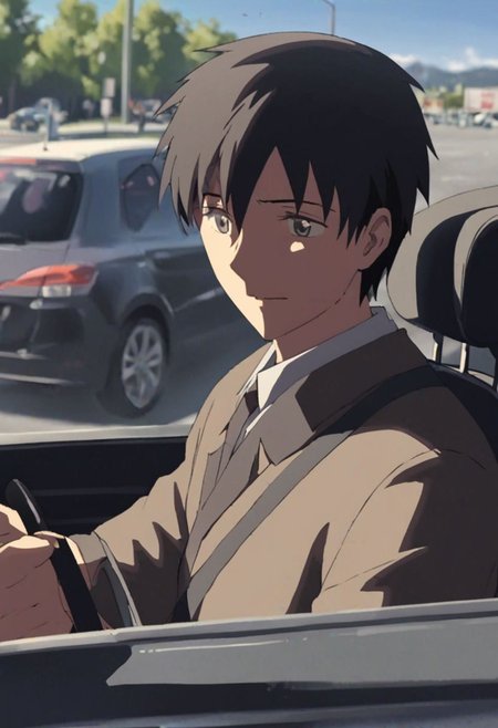 Highres, Masterpiece, High Quality, 4K, 8K, solo, 1Boy, Takaki Toono, adult, black hair, short hair, driving a car, in a car, parking lot, concentration, serious, focused, tired, cheerful, sunny weather, easynegative, detailed_eye_model