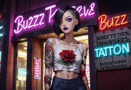 safe_pos, buzz, ((((neon sign with text buzz)))),Masterpiece,best quality,highresolution,very aesthetic,anime style,MythAn1m3,detailed eyes,art by mooncryptowow,
1 female solo,black hair,short hair,inverted bobcut,dark purple lipstick,purple eyeshadow,mascara,left sleeve tattoo, right sleeve tattoo,Body tattoos, shoulder tattoos,flower tattoos,black and red ink tattoos, Japanese Tattoo Style,red roses tattos,small breasts,

midrif crop top,cutoff jeans

long shot ,fromfront,low angle
background,street,neon signs,


standing,((((neon sign with text buzz))))

