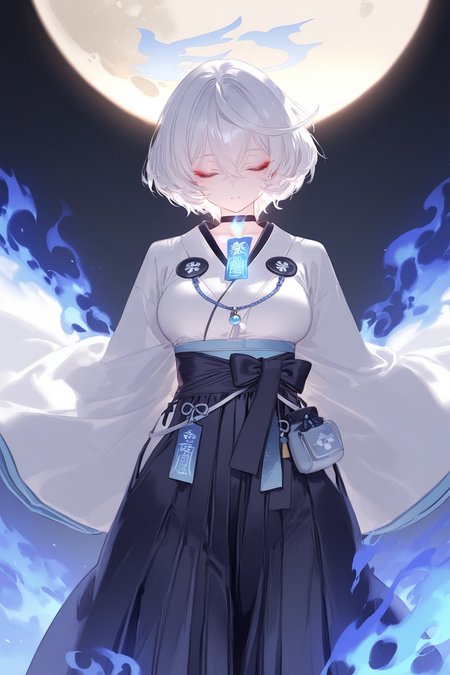 1girl, solo, closed eyes, japanese clothes, choker, hakama, skirt, blue fire, white hair, short hair, white kimono, ofuda, closed mouth, necklace, fire, kimono, halo, jewelry, hakama skirt, hair between eyes, talisman, facing viewer, bangs, long sleeves, wide sleeves, pouch, breasts, black choker, moon, glowing, klausherbert, masterpiece, best quality, good quality, newest