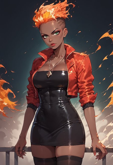 safe_pos, score_9, score_8_up, score_7_up, source_anime, BREAK 1girl, solo, amirarashid, orange hair, fiery hair, undercut, dark skin, dark-skinned female, makeup, big breasts, red jacket, sleeves rolled up, black dress, thighhighs, necklace, green eyes,