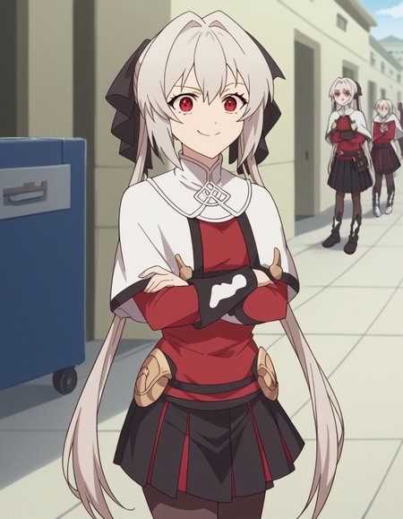 score_9, score_8_up, score_7_up, source_anime, <lora:lynneburg-clays-s1-ponyxl-lora-nochekaiser:1>, lynneburg clays, long hair, red eyes, twintails, grey hair, hair intakes, hair ribbon,, pantyhose, capelet, white capelet, dress, red dress, long sleeves, skirt, black skirt, pleated skirt,, airport, waiting area, suitcase, flight delayed, passengers, reading book, smile, , crossed arms, smile, smug, solo,, cowboy shot, dutch angle