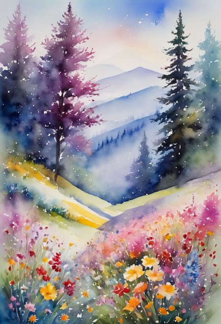 A captivating watercolor painting depicting a dreamlike landscape where reality and fantasy seamlessly merge. Colorful flowers bloom in abundance, releasing their enchanting fragrance into the air. The flora varies from delicate pastel hues to bold, vibrant colors, creating a symphony of visual and olfactory delight. The flowers appear to have a life of their own, as if they hold the essence of the soul, and their fragrance is carried by the gentle breeze, caressing the skin with a sense of pure bliss.