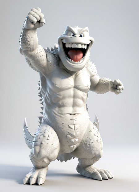 godzilla, 3d, render,white, plain background, victory pose, big smile,
 <lora:3DPrintingXL:0.8> WhiteMold