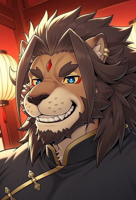 barong (tas), lion boy, third eye (marking), forehead jewel, yellow sclera, blue eyes, gold jewelry, piercing, nose piercing, grin, furry, muscular, dynamic angle, face focus, portrait, black shirt, long sleeves, chinese clothes, BREAK masterpiece, best quality, amazing quality, very aesthetic, high resolution, 4K, extremely-detailed, depth of field, separate focus, newest, detailed background, detailed fur, detailed muscles, cinematic lighting