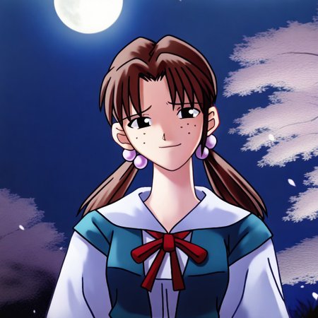 masterpiece, best quality, outdoors, moon, night, moonlight, sakura, sakura trees, looking at viewer,   <lora:Tsukihime NXL:1>,masterpiece, best quality, very aesthetic, absurdres,1girl, hikari horaki, brown hair, twintails, freckles, hair bobbles, long hair, black eyes,ribbon, short sleeves, suspender skirt, tokyo-3 middle school uniform,
arms behind back, sad smile, upper body, looking at viewer, solo, <lora:HikariHorakiNoobXL_byKonan:1>