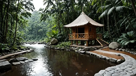 photo, photography, Fujifilm XT3 Viltrox, ((very detailed)), sharp focus, sharp background,  best quality, beautiful landscape, rainforest, jungle, sacred earth, stream, water ripples reflections, (small river pond), rainforest, hut, tribal amazon village, stunning nature environment, (bright sunny sky), high contrast, cinematic (lights), backlight, shadows, lens flare, vibrant colors, colorful, Viridian flowers and leaves,  <lora:add-detail-xl:1>  <lora:Better Blur Control:1>