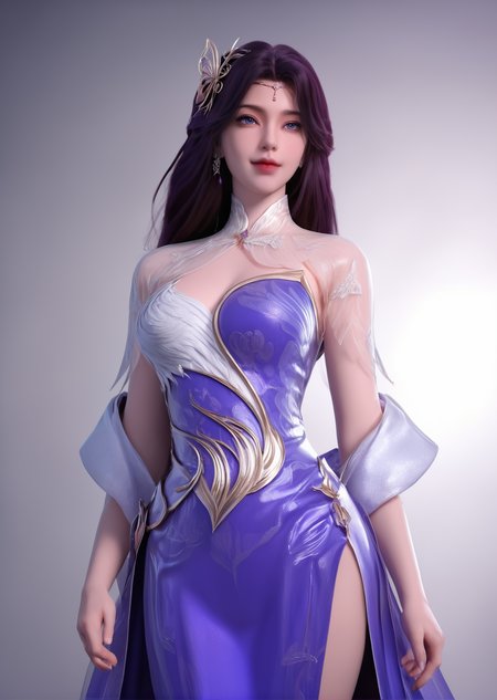 looking_at_viewer,cowboy_shot,(curvy:1.4),1girl,solo,dress,hair ornament,portiart,from front,masterpiece,(best quality),official art,extremely detailed cg 8k wallpaper,((crystalstexture skin)),(extremely delicate and beautiful),solo,realistic,photo_\(medium\),hiqcgbody,purple eyes,chinese background,<lora:äºæ¦_V2-000001:1>,eye-contact,(smile:0.8),jewelry,purple with white waistband,