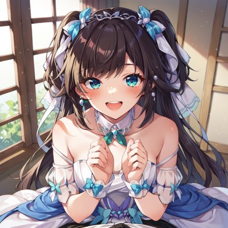 score_9, score_8_up, score_7_up, source_anime, wedding dress, hair ribbon, very long hair, POV, looking at viewer, blush, smile, open mouth, upper teeth only